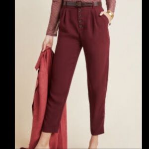 Anthropologie Sasha Button Fly Pants, burgundy, size US 6, tapered leg